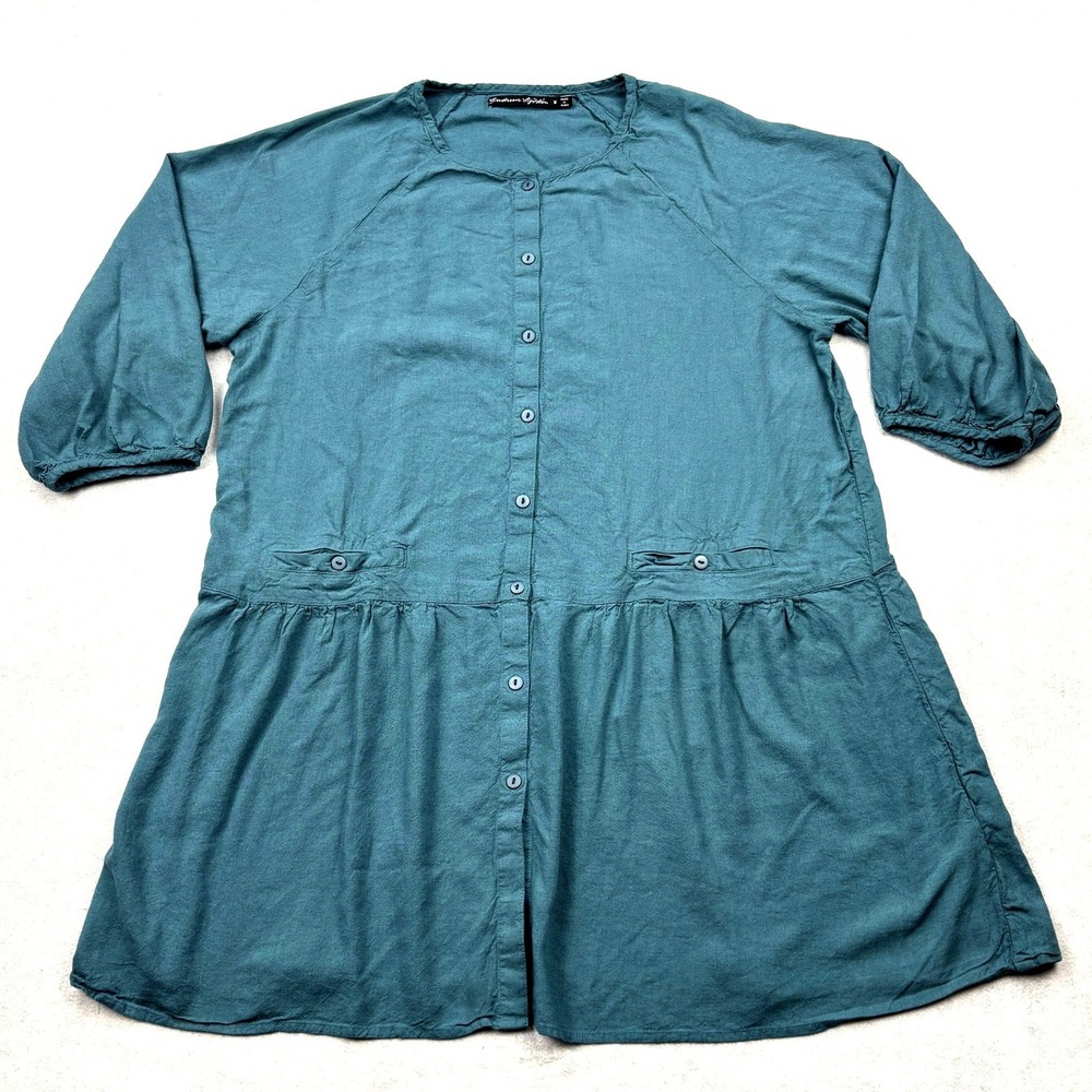 Gudrun Sjoden Womens Medium Teal Linen Blend Button Front Babydoll Tunic Dress M